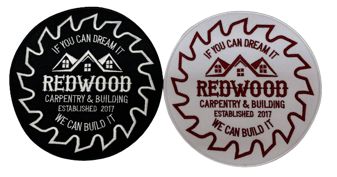 Two embroidered redwood company badges